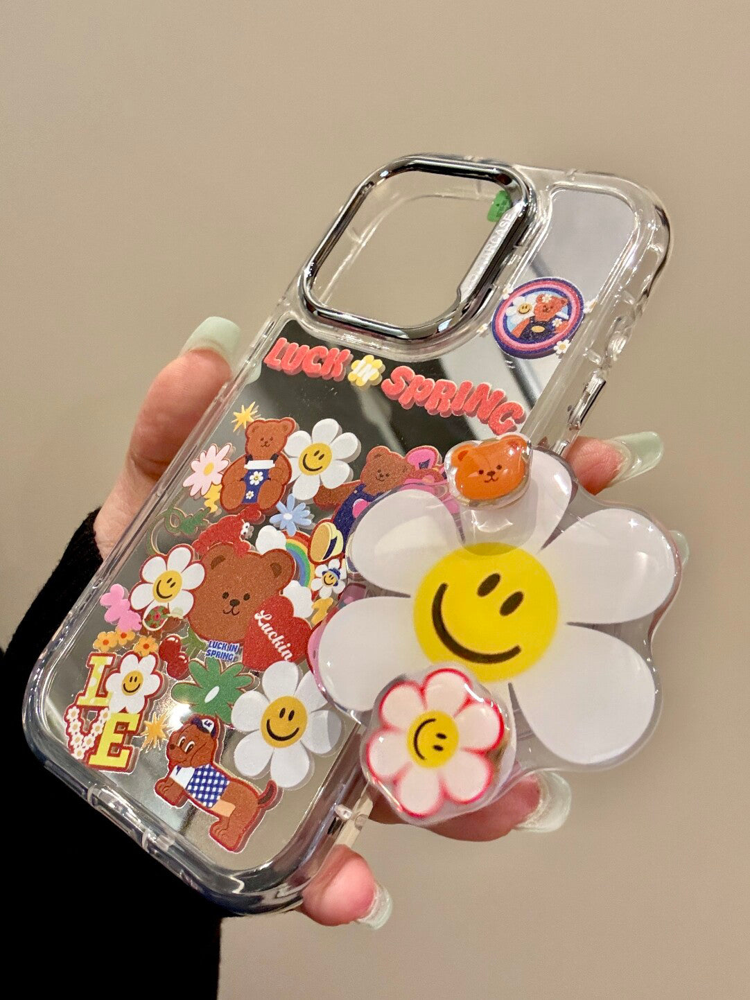 Ameigas Mirror Sunflower Bear Case - Reflective Design with Flip-Out Stand & Soft Protection