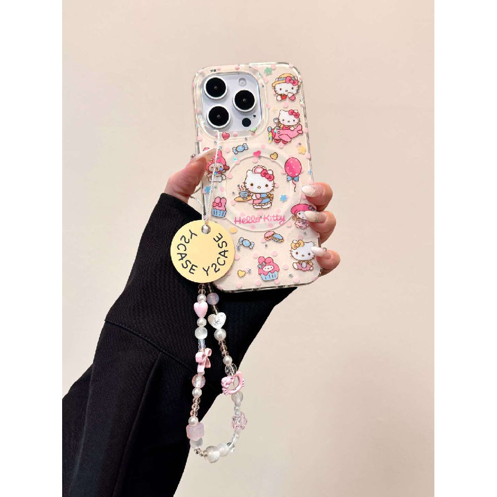 Ameigas Magnetic Maid Kitty Case - Cute Heart & Lace Design with Detachable Pearl Chain & 2-Layer IMD Protection