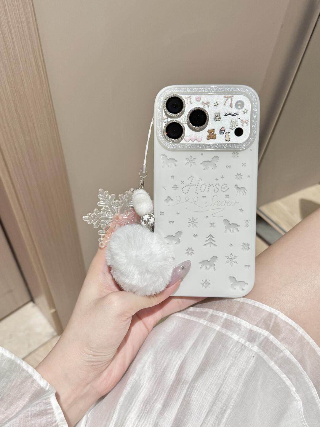 Ameigas Winter Pony Case - Dreamy Snowflake & Bow Pony with Plush PomPom Accent