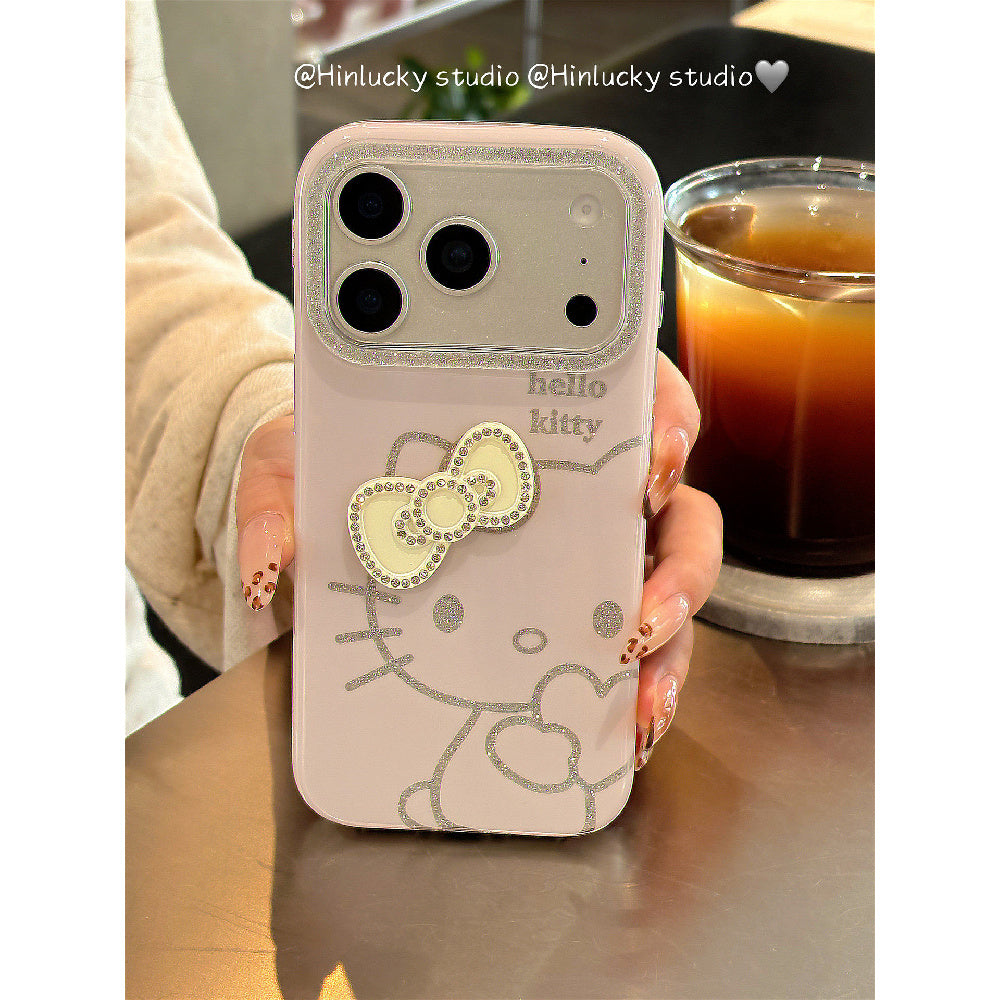 Ameigas Glitter Bow-Kitty Case - Pink Heart & Cat with MagSafe Pull-Ring