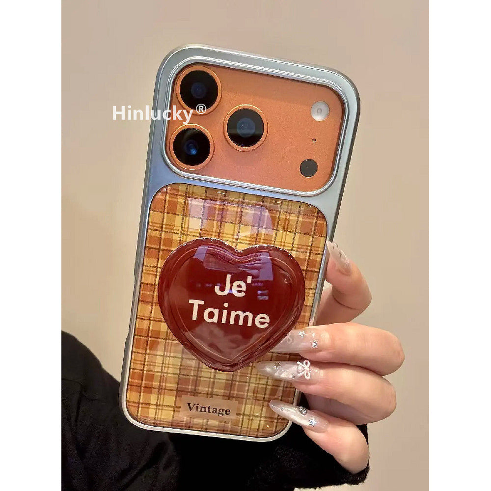 Ameigas Vintage Heart Case - Plaid & Wine Red Love Magnetic Stand Cover