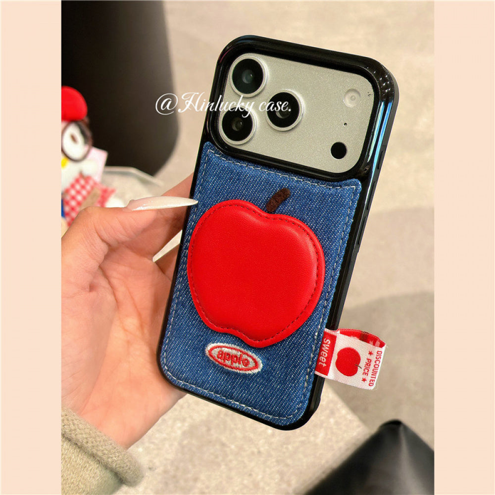 Ameigas Denim Harvest Case - 3D Red Apple Charm on Corduroy Full-Body Cover for iPhone