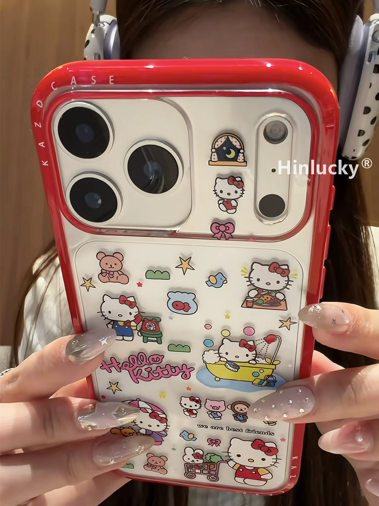 Ameigas J-K Deco Case - Cute Cartoon Cat Stickers with Red Acrylic Edge