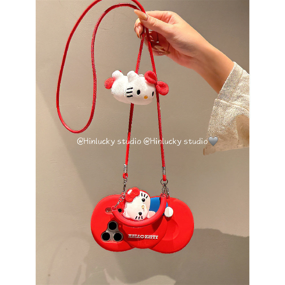 Ameigas Bow-Tie Kitty Strap Case - Red Ribbon Cat with Crossbody Strap Silicone Cover