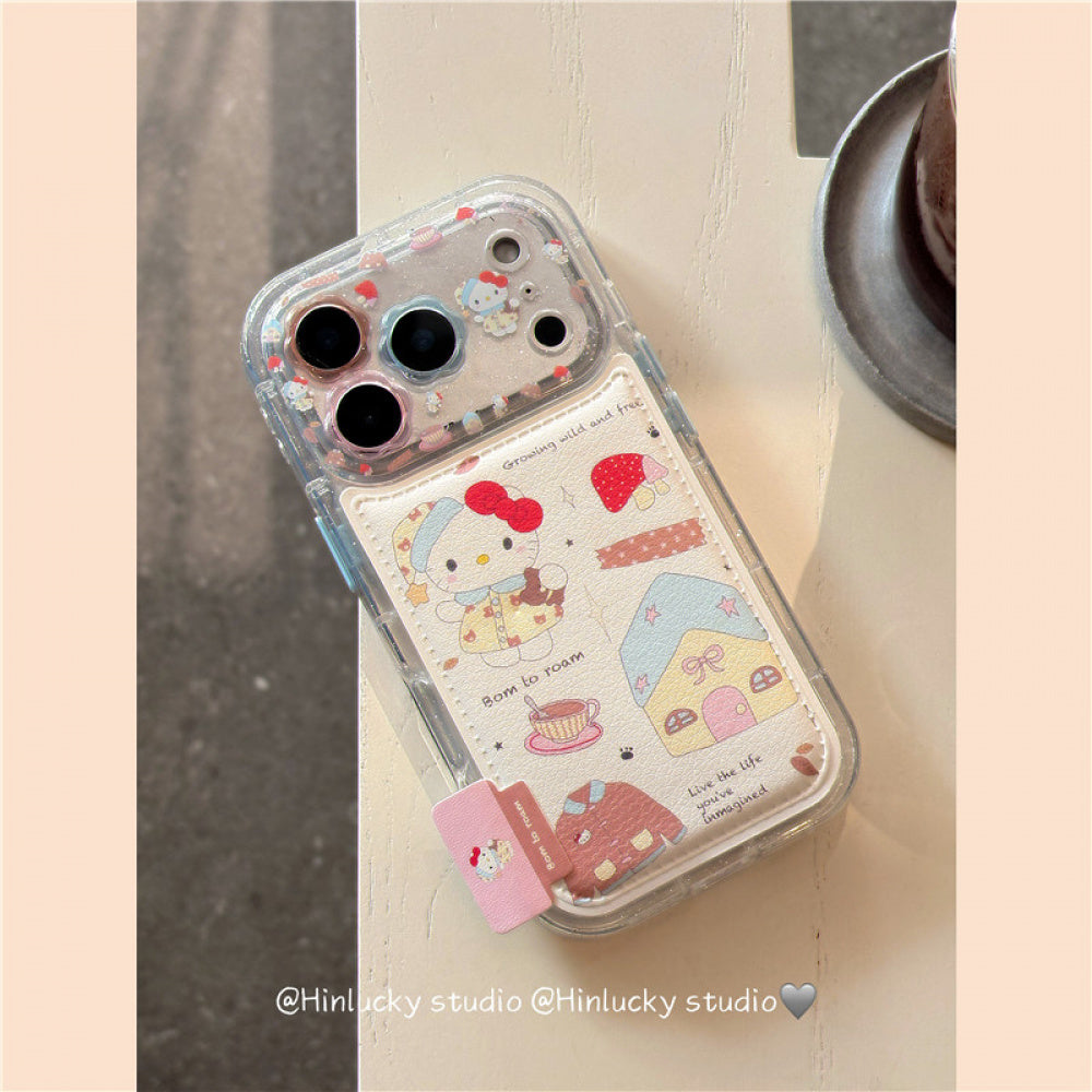 Ameigas Doodle Cafe Case - Cartoon House & Cat Leather Cover with Chain