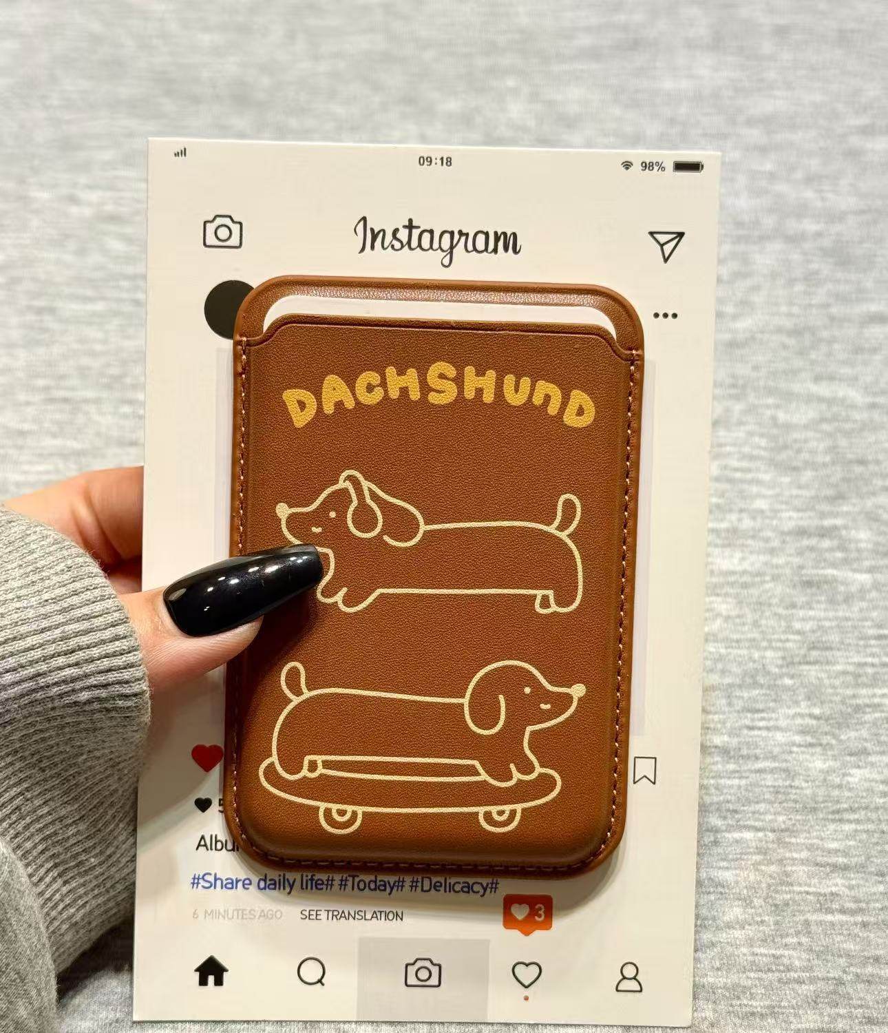Ameigas Skateboarding Dachshund Case - Line Art Design with Card Holder & Magnetic Stand