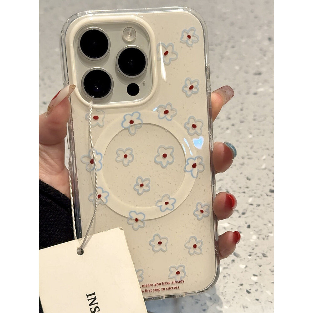 Ameigas Blue Botanica Stand Case - Korean Floral Text MagSafe Cover with Full Guard