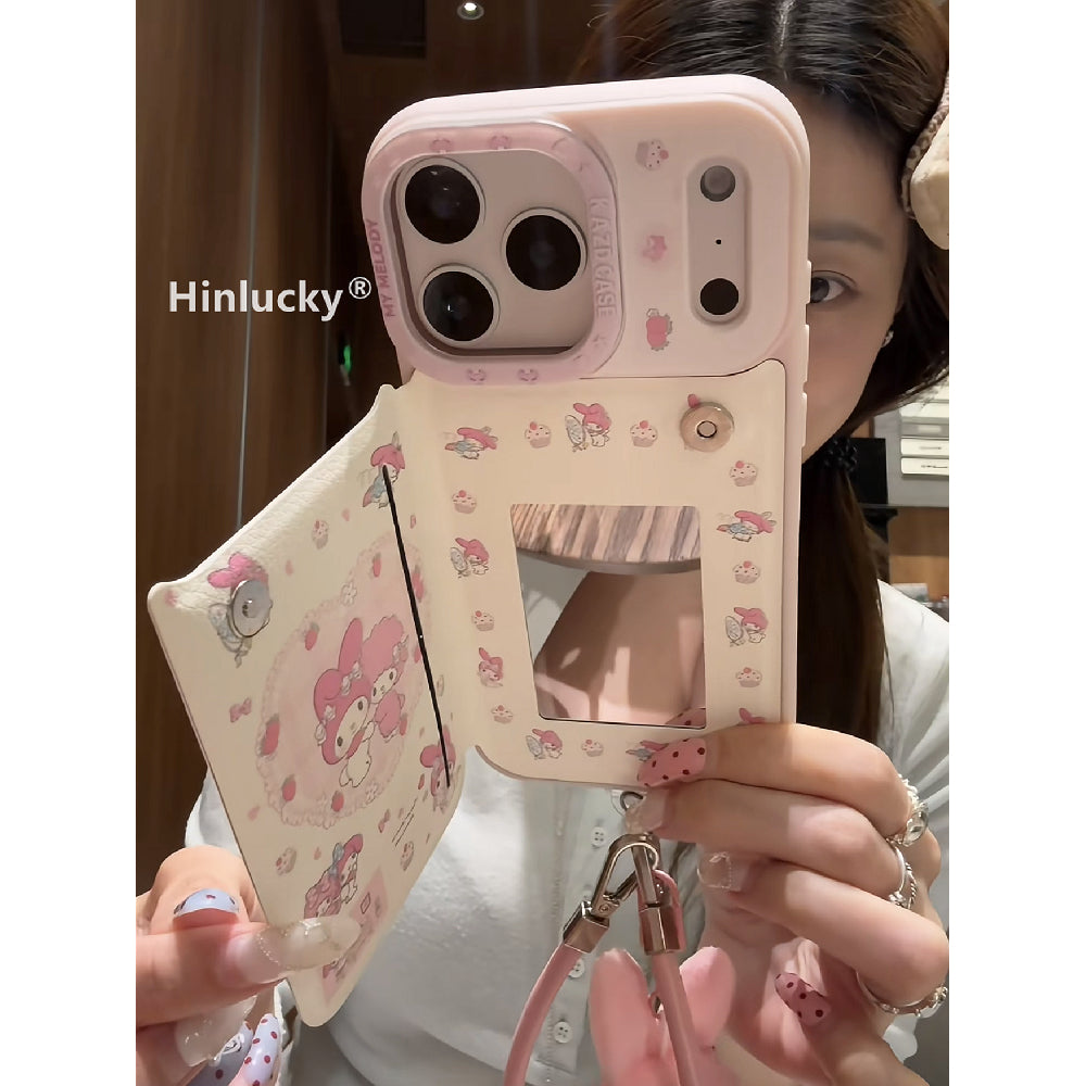 Ameigas Velvet Melody Case - Flip Mirror Cover with Crossbody Strap & Leather Art