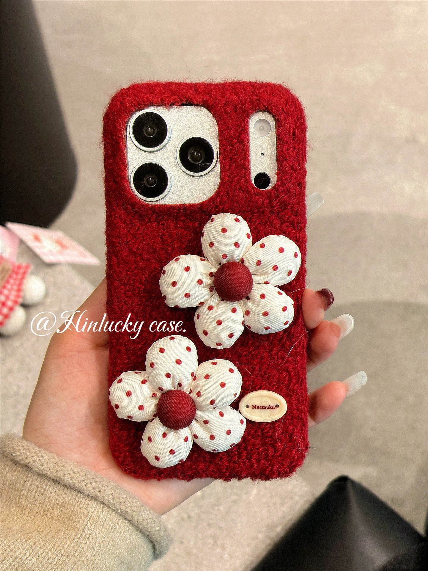 Ameigas Vintage Burgundy 3D Polka Flower Velvet Phone Case