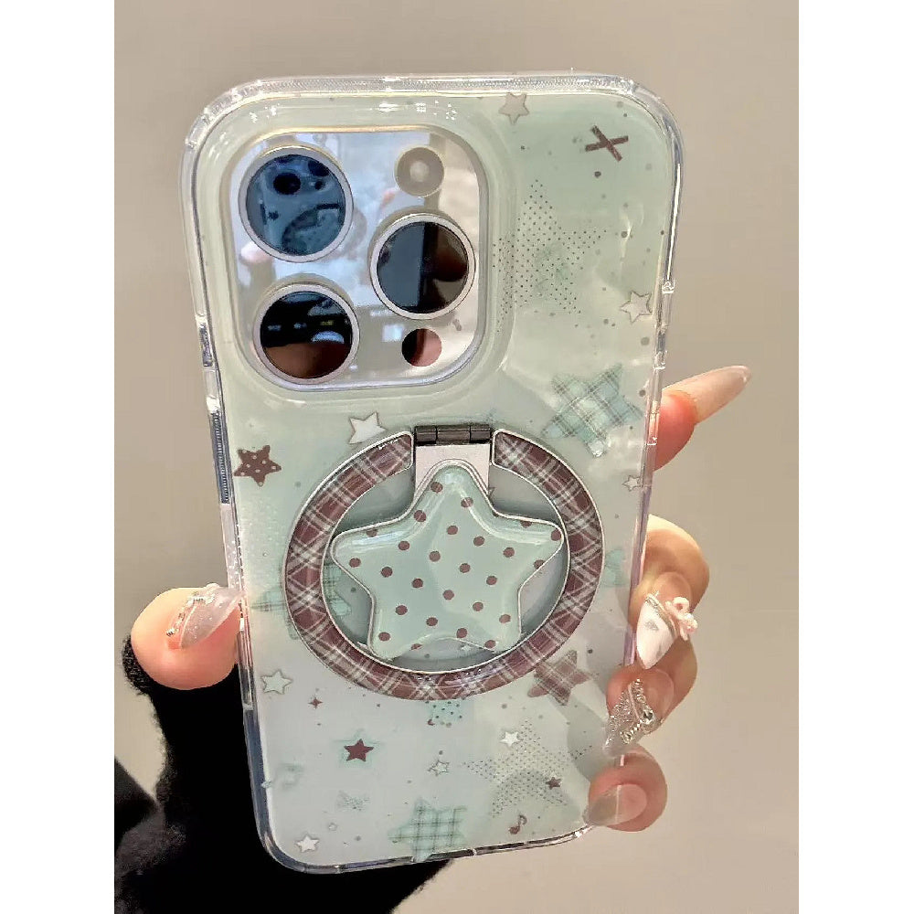 Ameigas Mint Check Star Stand Case - Korean Instagram Style DualGuard MagSafe Cover