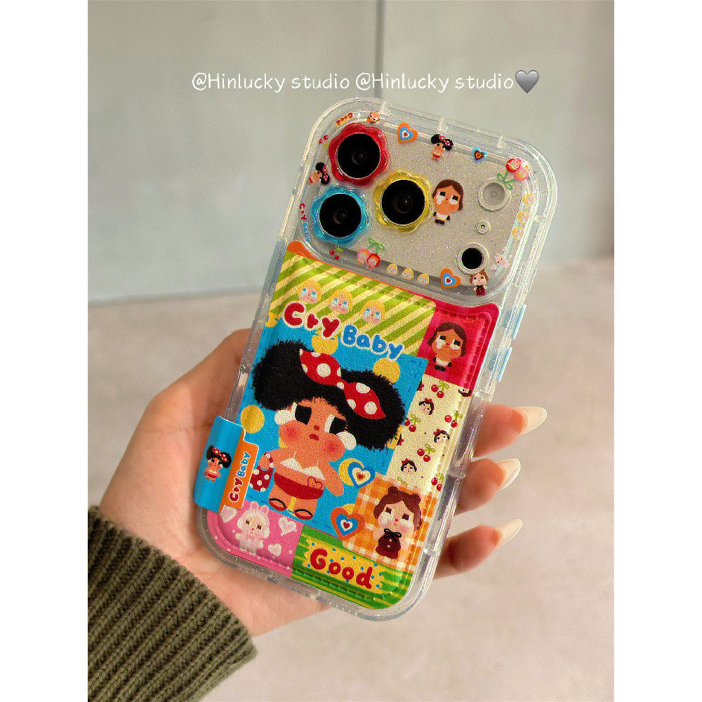 Ameigas Tearful Puff-Pop Case - Cartoon Crying Baby with Floral Leather Camera Accent