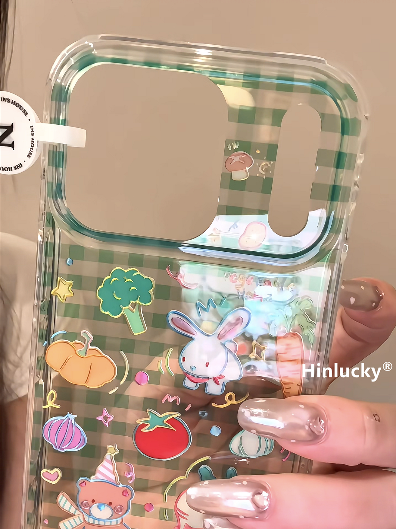 Ameigas Garden Patch Case - Green Gingham Bear, Bunny & Veggies with Gilt Accents
