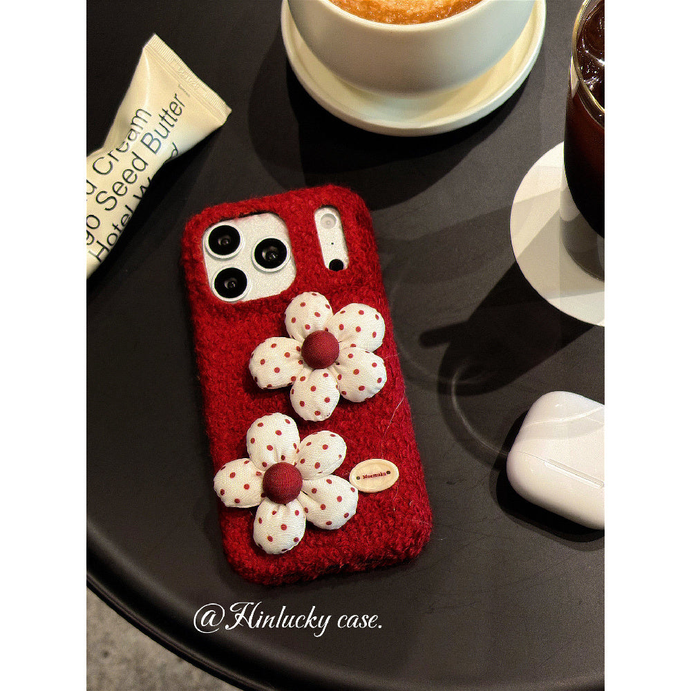 Ameigas Vintage Burgundy 3D Polka Flower Velvet Phone Case