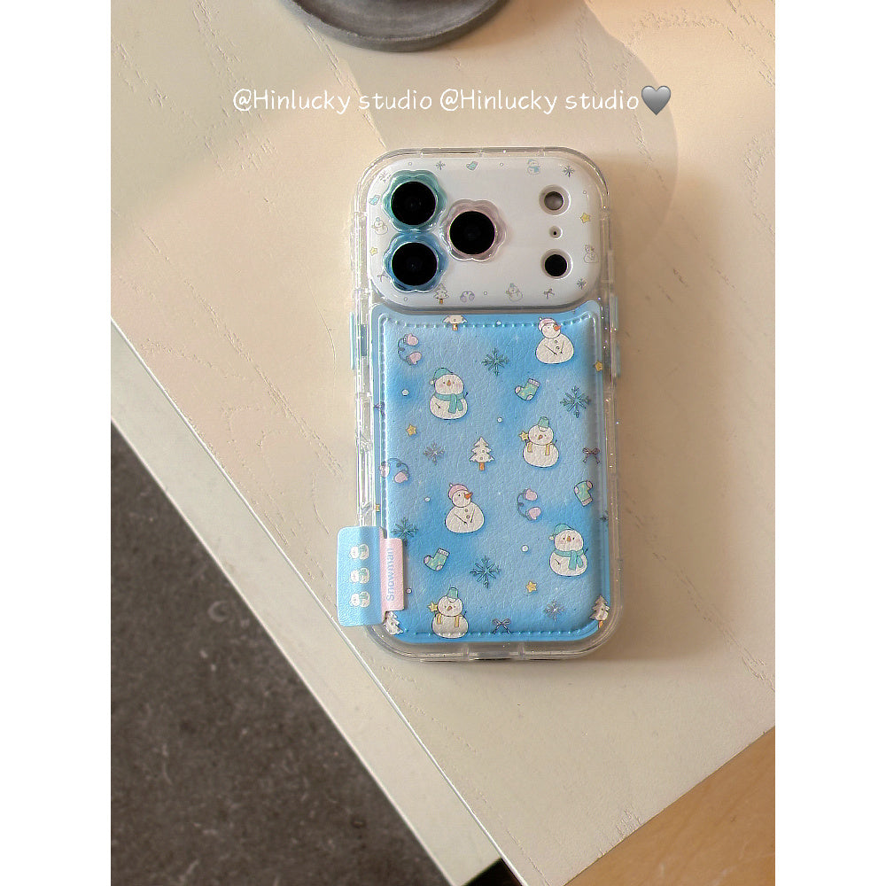 Ameigas Frostfell Collage Case - Blue Snowflake & Snowman Leather Cover for iPhone