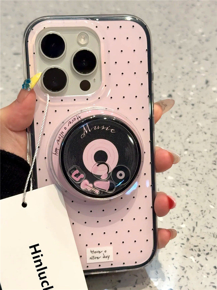 Ameigas Spin-Spring Vinyl Case - Pink Polka Dot Record with Bobble & Stand