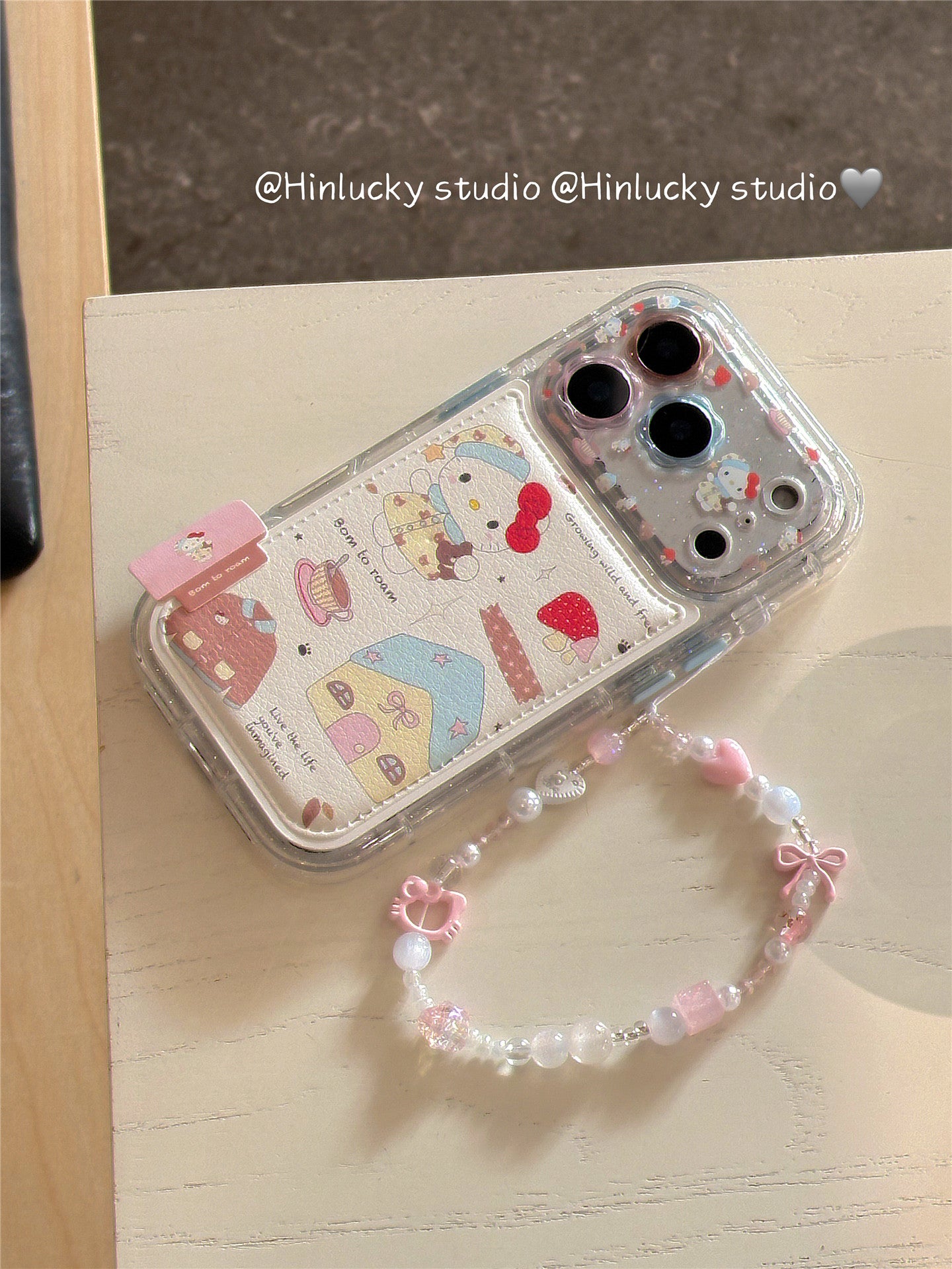 Ameigas Doodle Cafe Case - Cartoon House & Cat Leather Cover with Chain