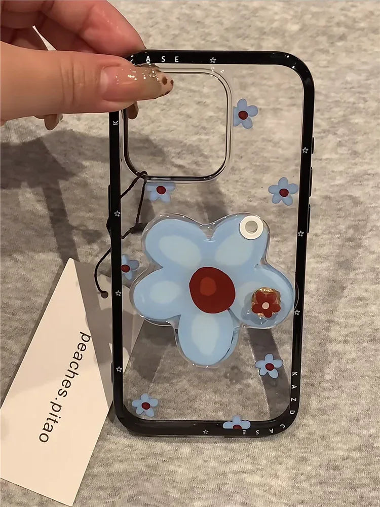 Ameigas Bloom Mirror Case - Spinning Blue Flowers & Magnetic Stand Acrylic Cover - Ameigas