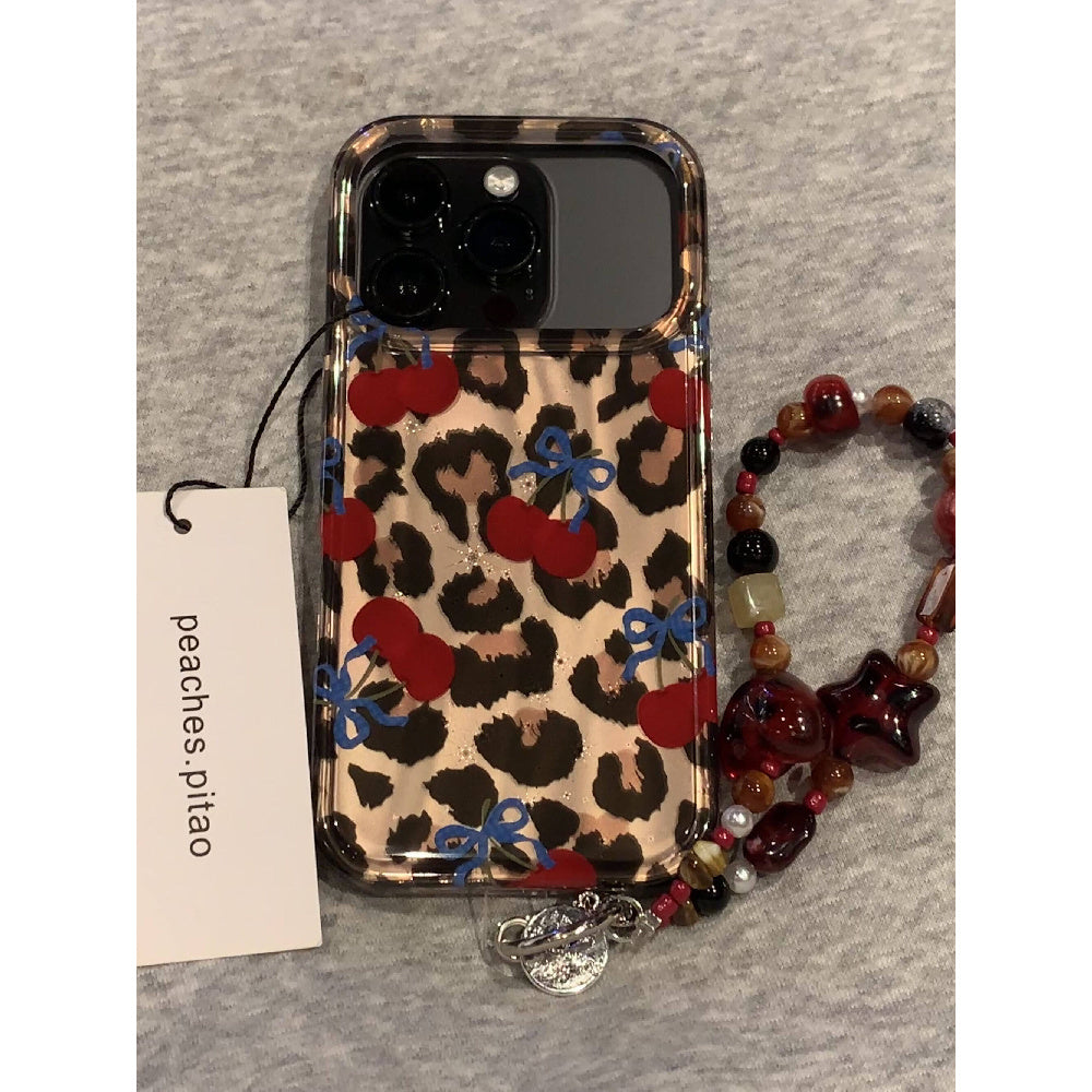 Ameigas Winter Cheetah Cherry Case - Insta-Fashion Design with Detachable Chain & Dual-Layer Hard Shell