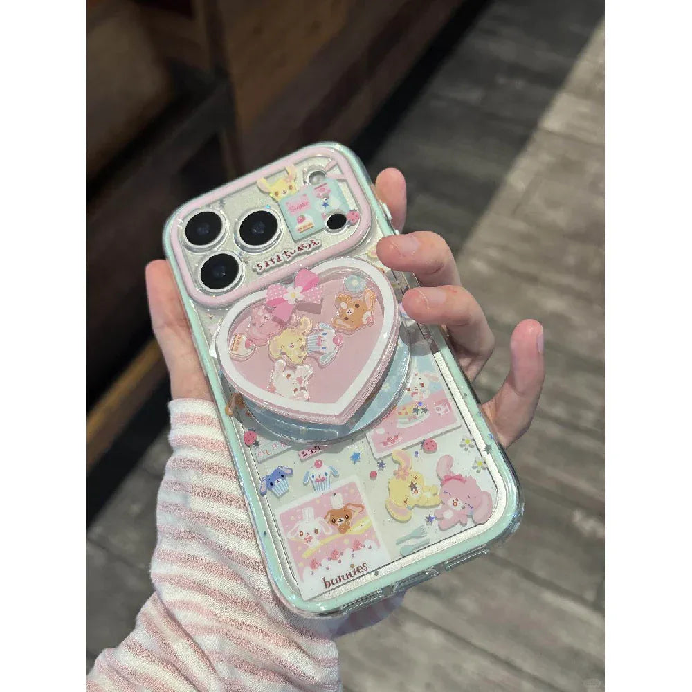 Ameigas 2-in-1 Bunny Dessert Case - Full-Screen Pink & Blue Cartoon Print with Magnetic Stand & Dual-Layer Protection - Ameigas