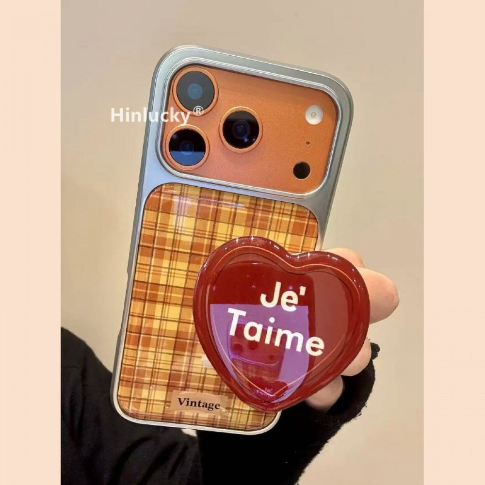 Ameigas Vintage Heart Case - Plaid & Wine Red Love Magnetic Stand Cover