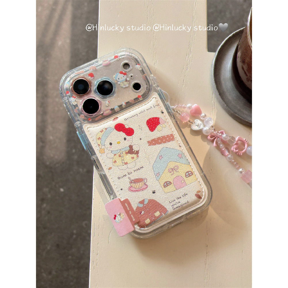 Ameigas Doodle Cafe Case - Cartoon House & Cat Leather Cover with Chain