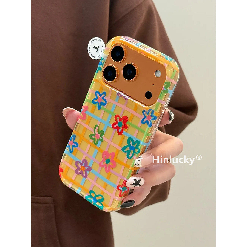 Ameigas INS Yellow Plaid Floral Dual-Layer Protective Phone Case
