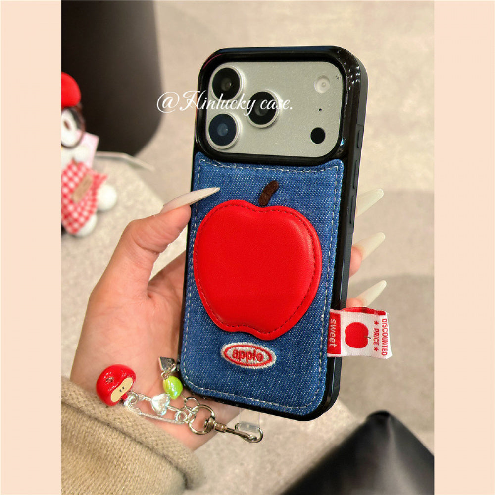 Ameigas Denim Harvest Case - 3D Red Apple Charm on Corduroy Full-Body Cover for iPhone