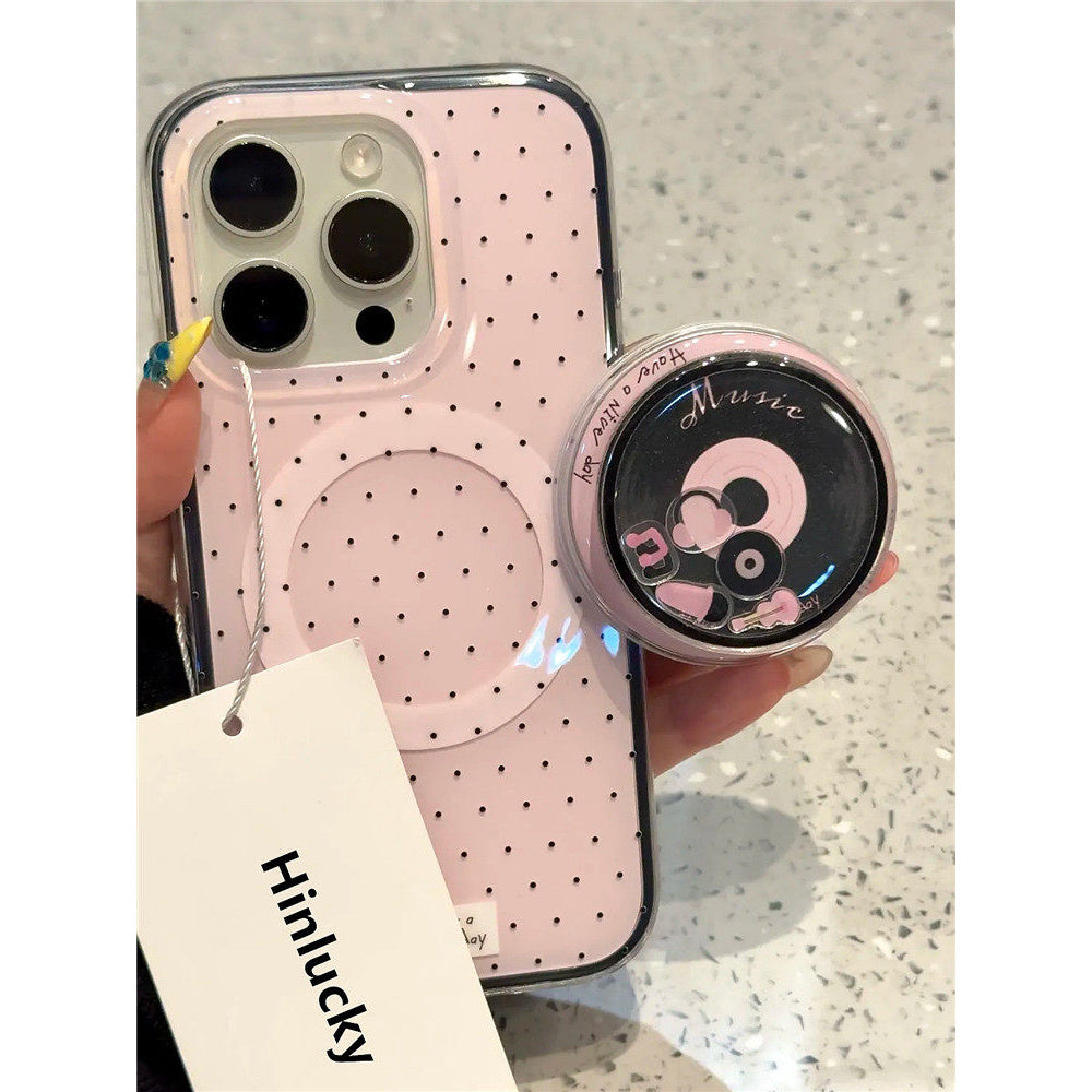 Ameigas Spin-Spring Vinyl Case - Pink Polka Dot Record with Bobble & Stand