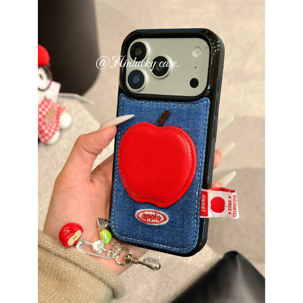Ameigas Denim Harvest Case - 3D Red Apple Charm on Corduroy Full-Body Cover for iPhone