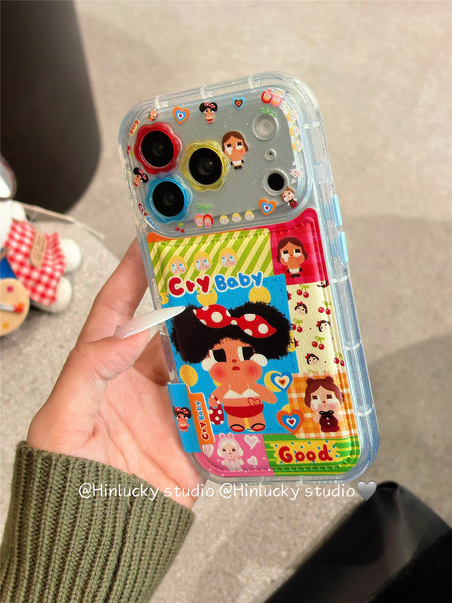 Ameigas Tearful Puff-Pop Case - Cartoon Crying Baby with Floral Leather Camera Accent