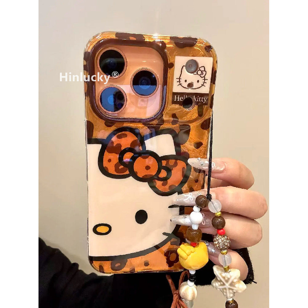 Ameigas Maillard Bow-Kitty Case - Leopard Print Cat with Detachable Chain & Foil Guard