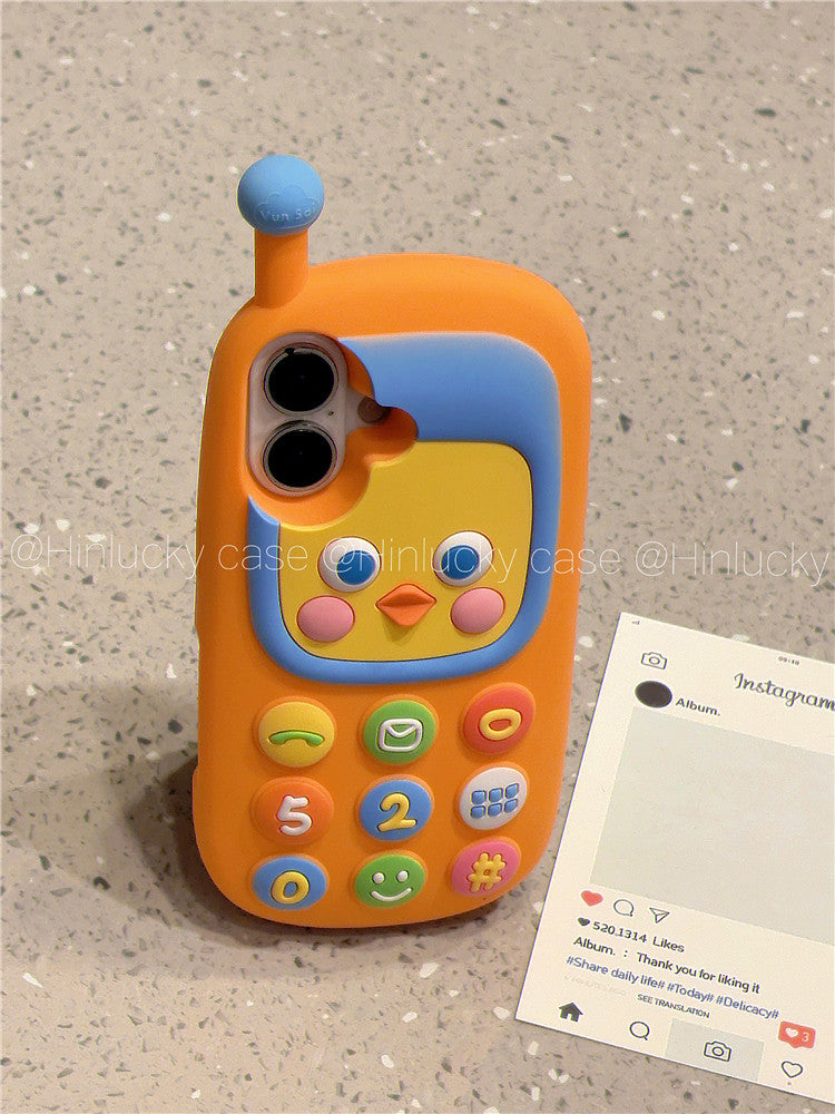 Ameigas Retro Chick Handset Case - 3D Cartoon Yellow Chicken Silicone Cover for iPhone