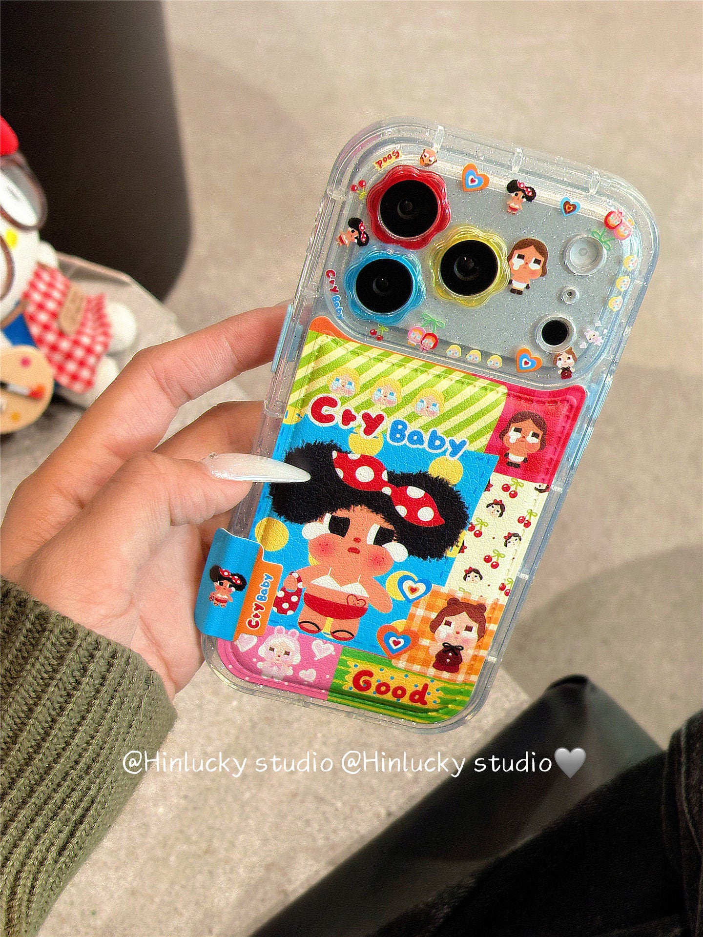 Ameigas Tearful Puff-Pop Case - Cartoon Crying Baby with Floral Leather Camera Accent