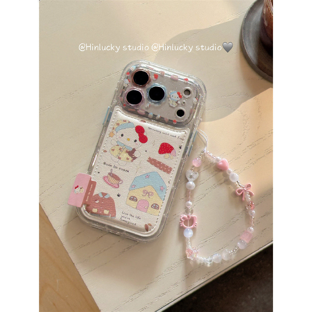Ameigas Doodle Cafe Case - Cartoon House & Cat Leather Cover with Chain