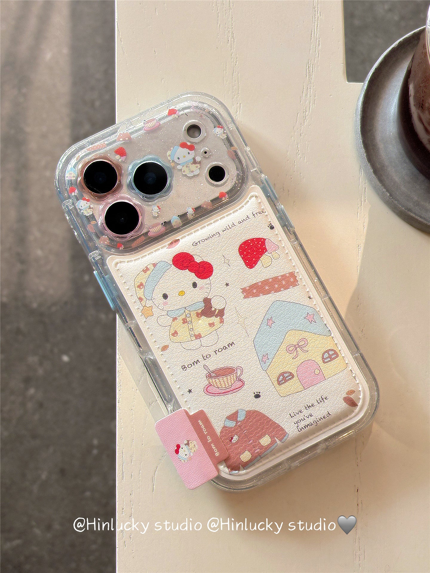 Ameigas Doodle Cafe Case - Cartoon House & Cat Leather Cover with Chain