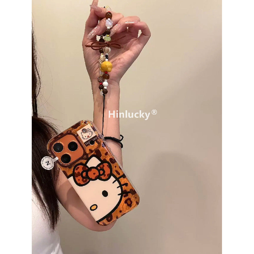 Ameigas Maillard Bow-Kitty Case - Leopard Print Cat with Detachable Chain & Foil Guard