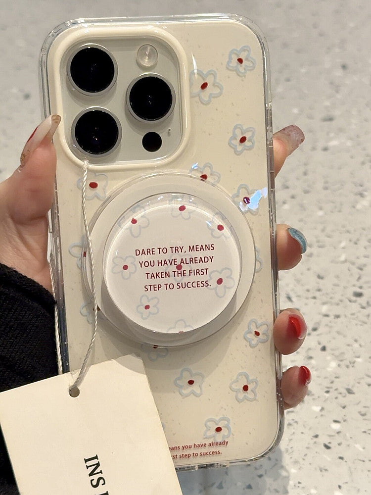 Ameigas Blue Botanica Stand Case - Korean Floral Text MagSafe Cover with Full Guard