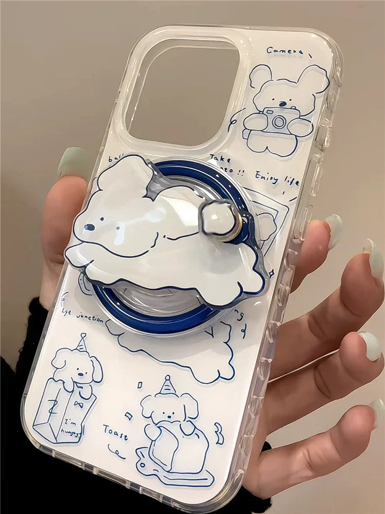 Ameigas Blue Sketch Pup Stand Case - Line Art Dog MagSafe Cover for iPhone - Ameigas