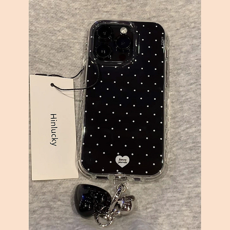 Ameigas Polka Heart Pendant Case - Black White Dot Detachable Charm MagSafe Cover