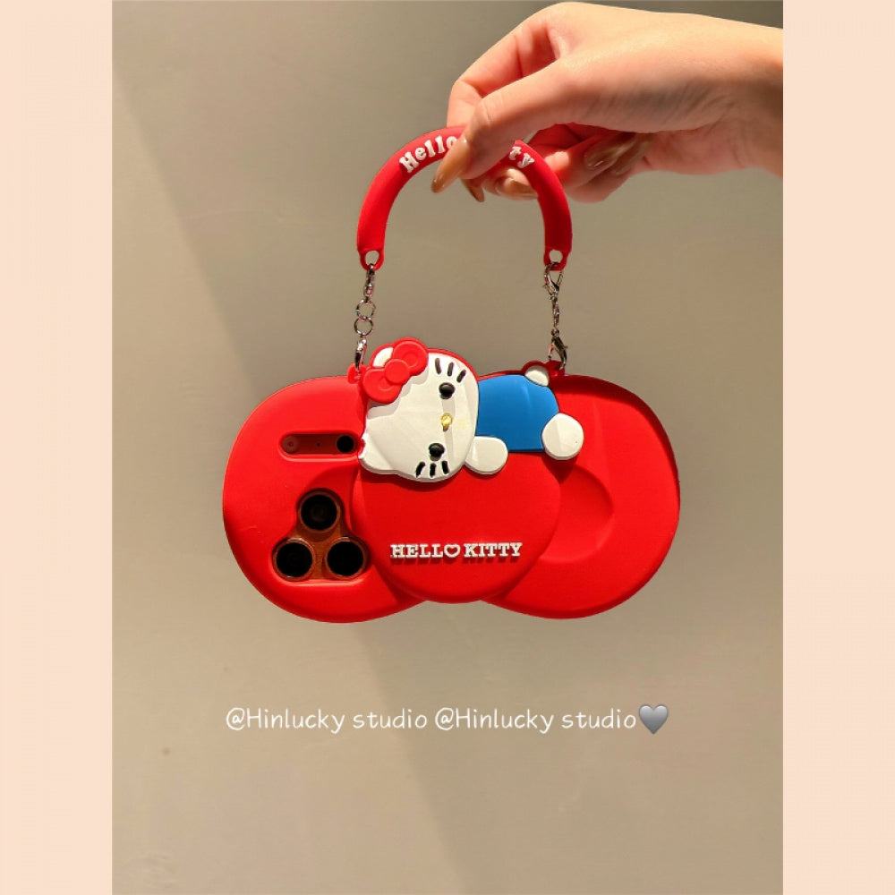 Ameigas Bow-Tie Kitty Strap Case - Red Ribbon Cat with Crossbody Strap Silicone Cover