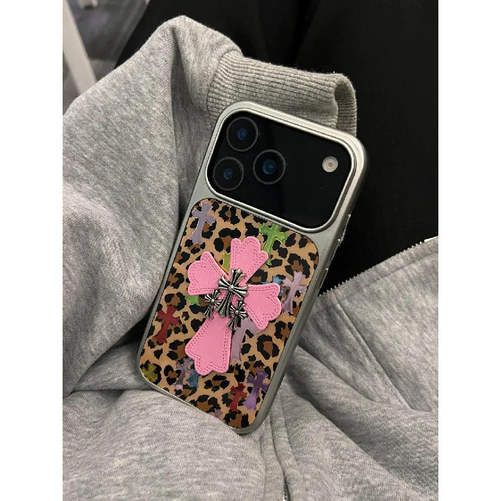 Ameigas Chrome Plated Frame Case - Leopard Print, Gold Foil & Chrome Hearts Cross Design - Ameigas