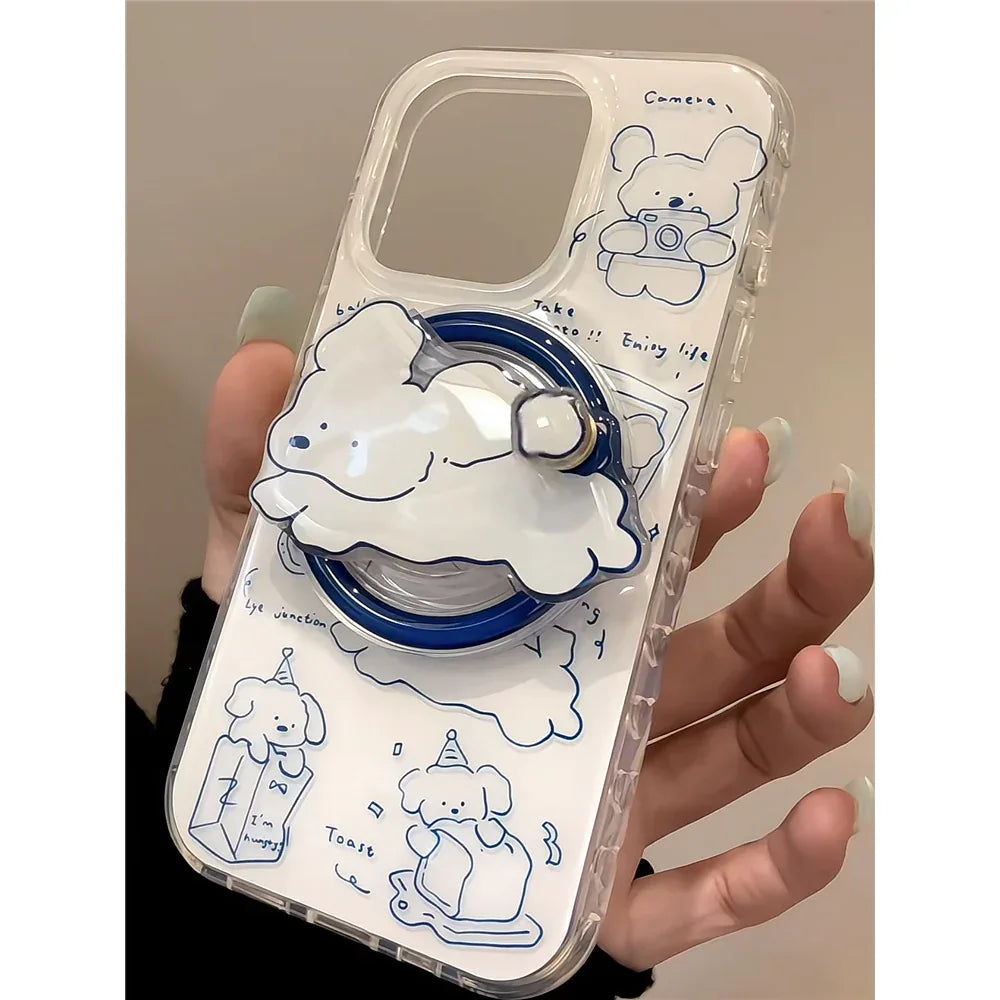 Ameigas Blue Sketch Pup Stand Case - Line Art Dog MagSafe Cover for iPhone - Ameigas