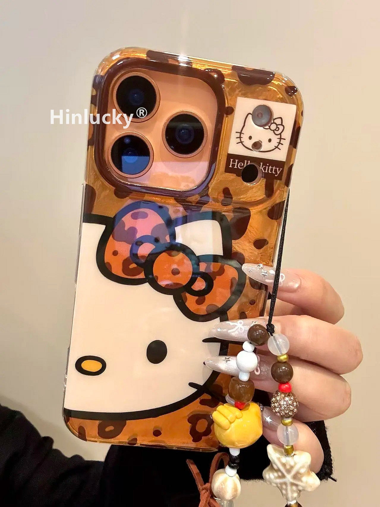 Ameigas Maillard Bow-Kitty Case - Leopard Print Cat with Detachable Chain & Foil Guard