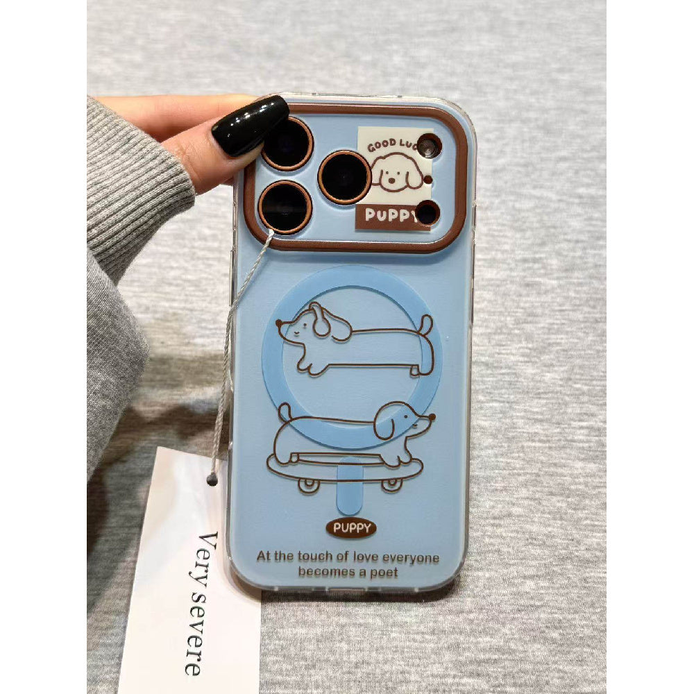 Ameigas Skateboarding Dachshund Case - Line Art Design with Card Holder & Magnetic Stand