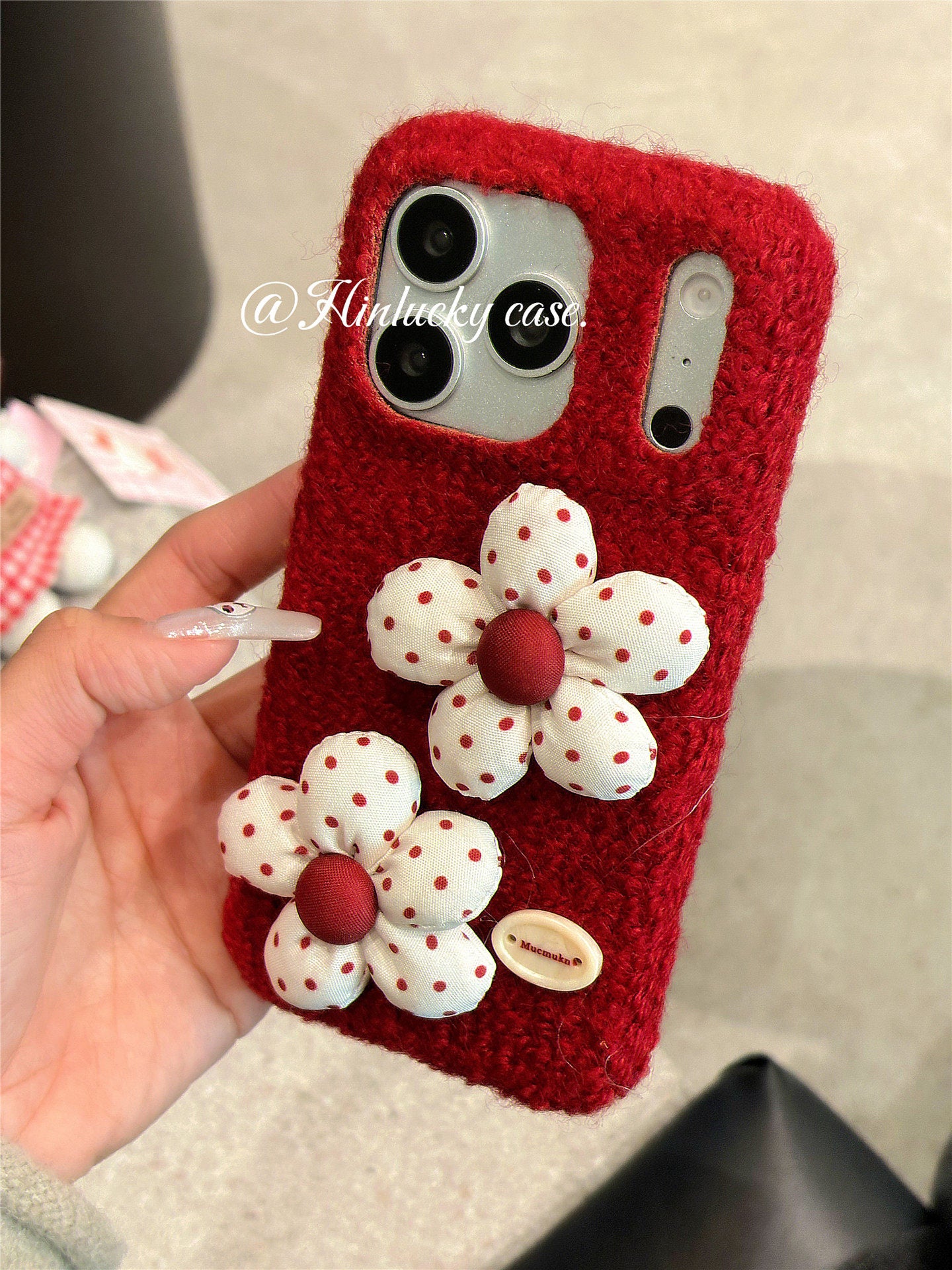 Ameigas Vintage Burgundy 3D Polka Flower Velvet Phone Case