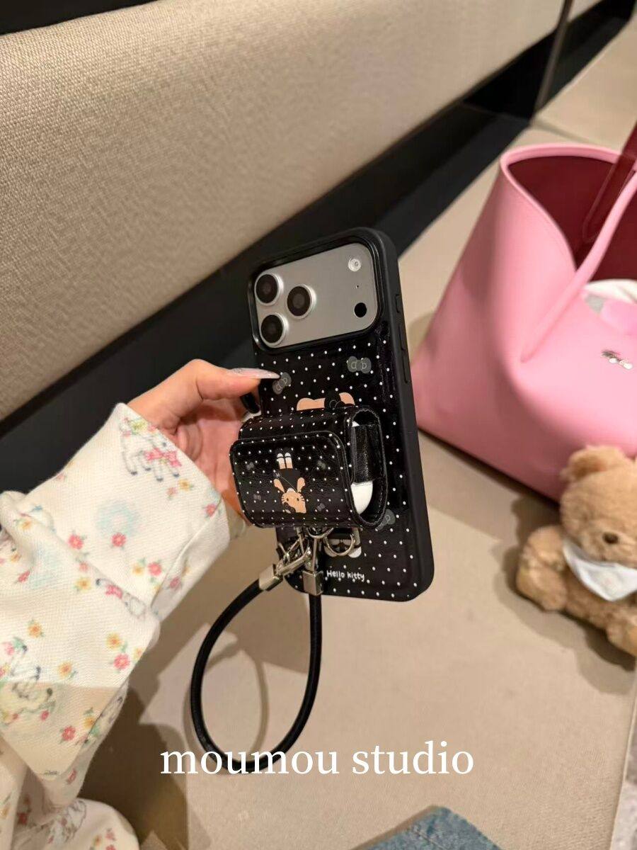 Ameigas Leather AirPods Cat Case - 2-in-1 Phone & Wireless Earbuds Holder with Strap