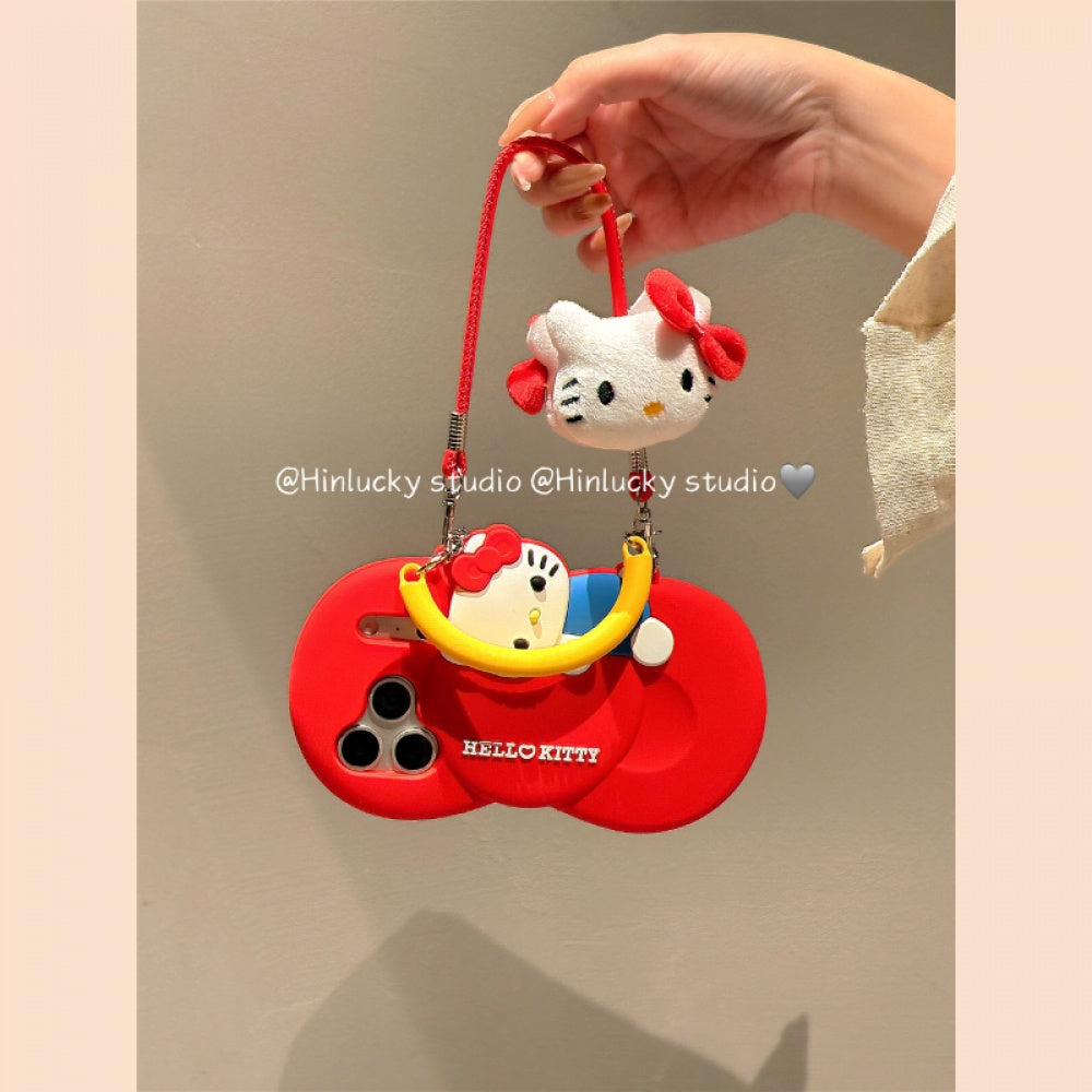 Ameigas Bow-Tie Kitty Strap Case - Red Ribbon Cat with Crossbody Strap Silicone Cover