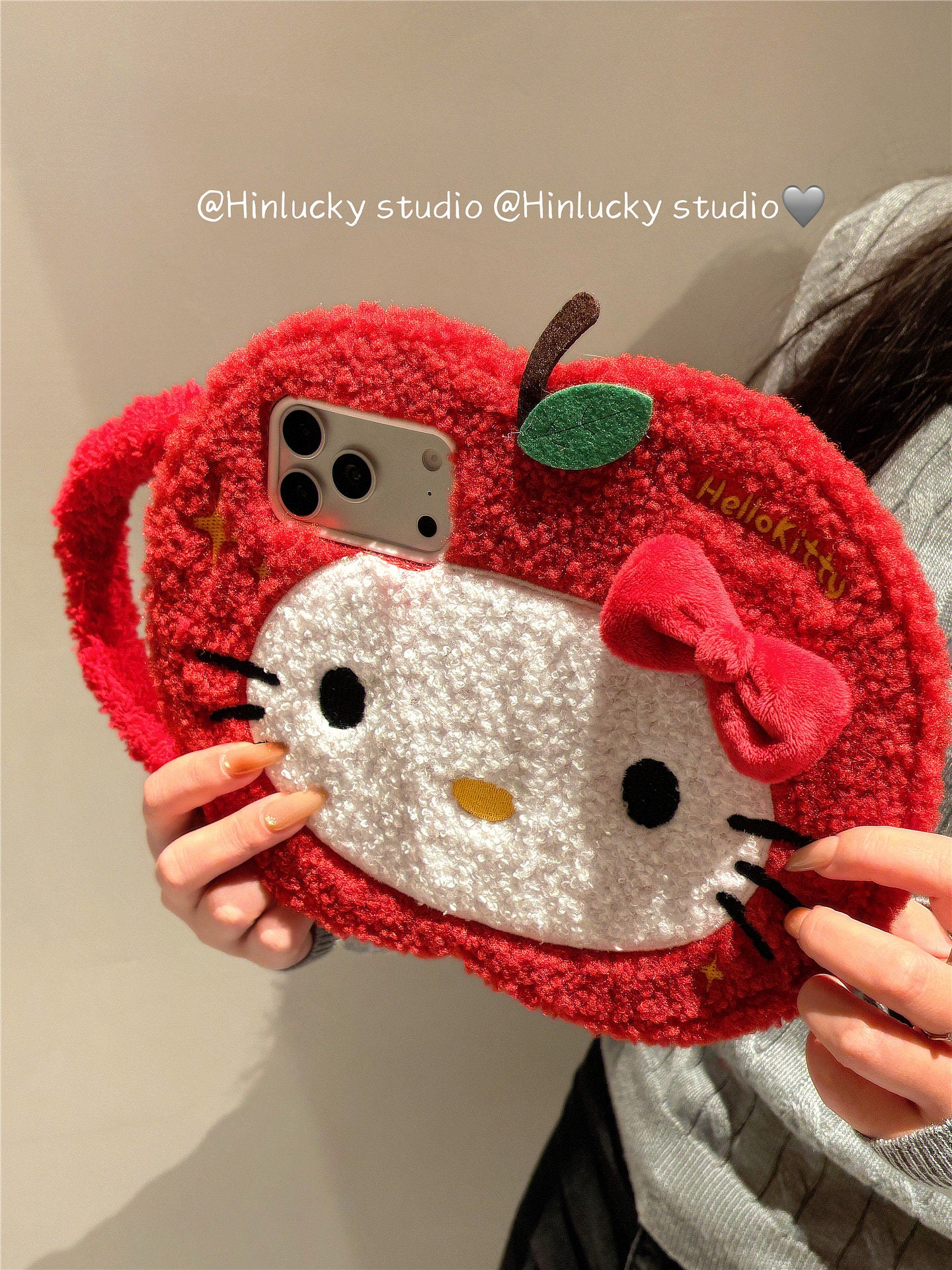 Ameigas Plush Flip Case - Cozy Red Apple Cat with Detachable Wrist Strap