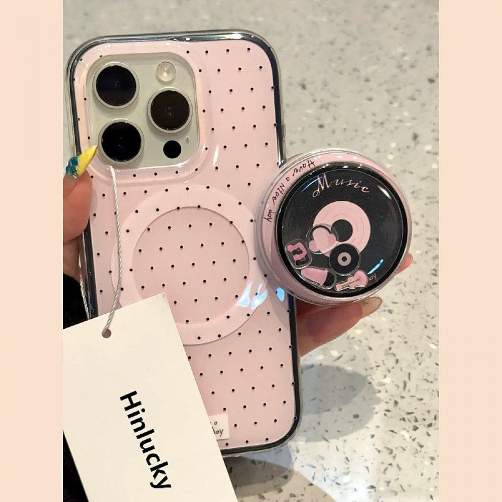 Ameigas Spin-Spring Vinyl Case - Pink Polka Dot Record with Bobble & Stand
