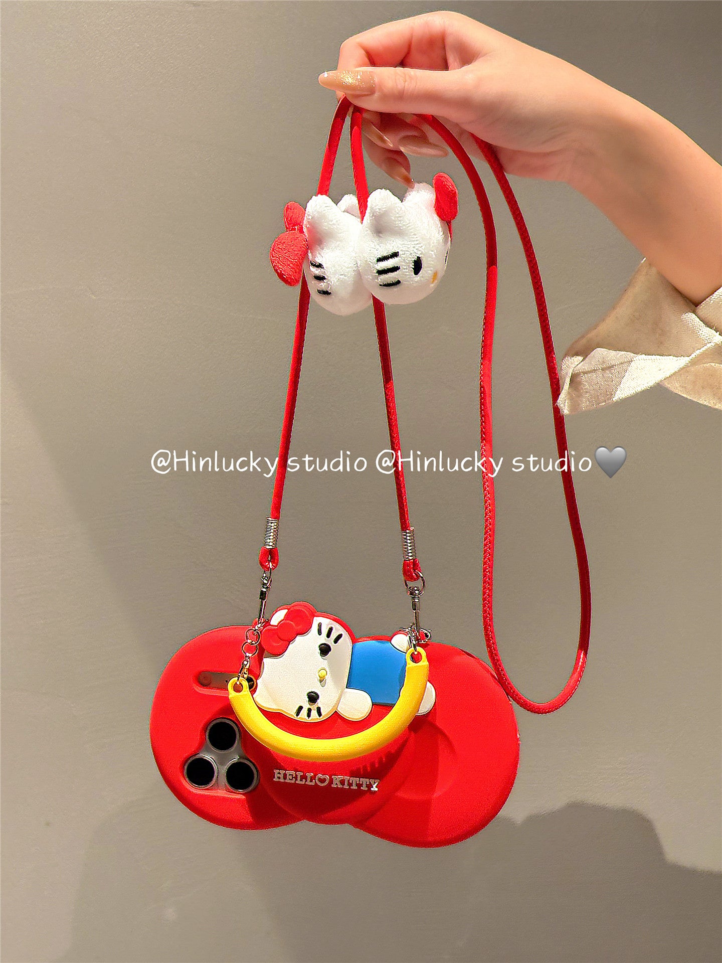 Ameigas Bow-Tie Kitty Strap Case - Red Ribbon Cat with Crossbody Strap Silicone Cover